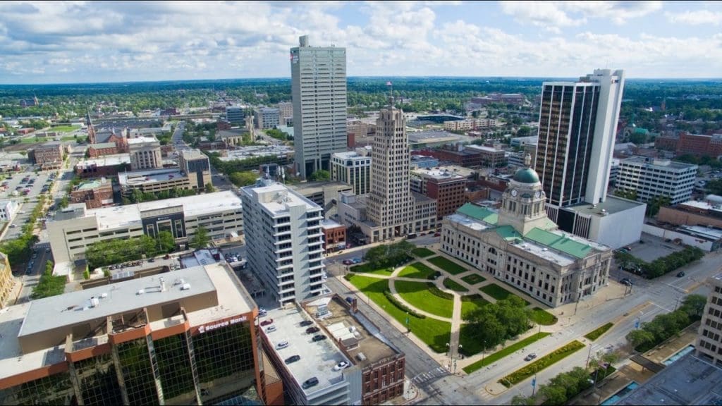 Aerial view of downtown Fort Wayne with the courthouse in the center