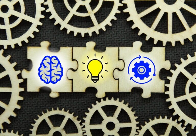 puzzle with brain, idea and management icons.