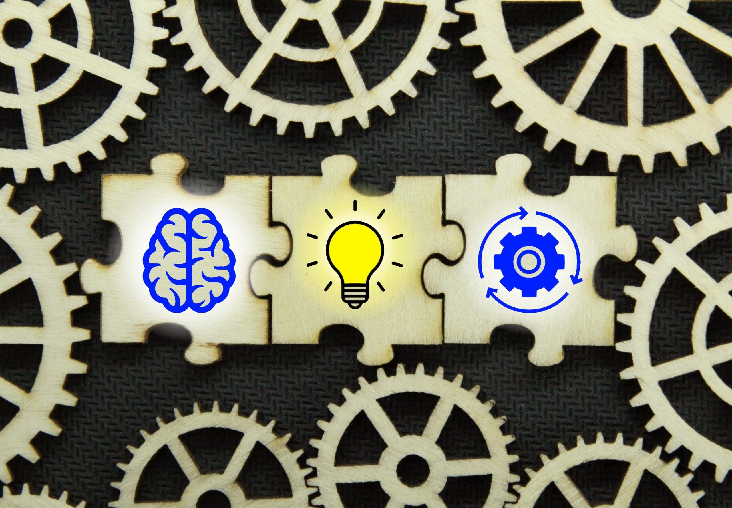 puzzle with brain, idea and management icons.